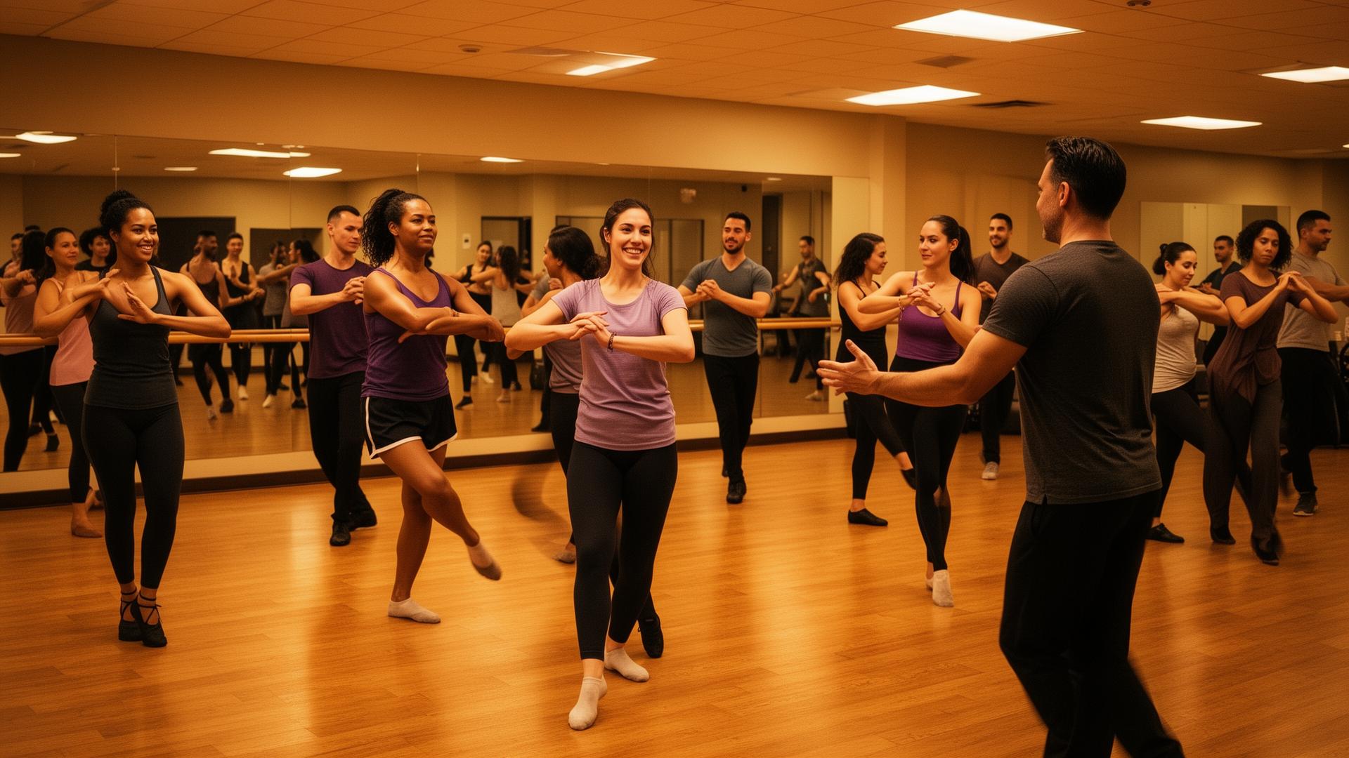 Adult beginner dance class with diverse group learning