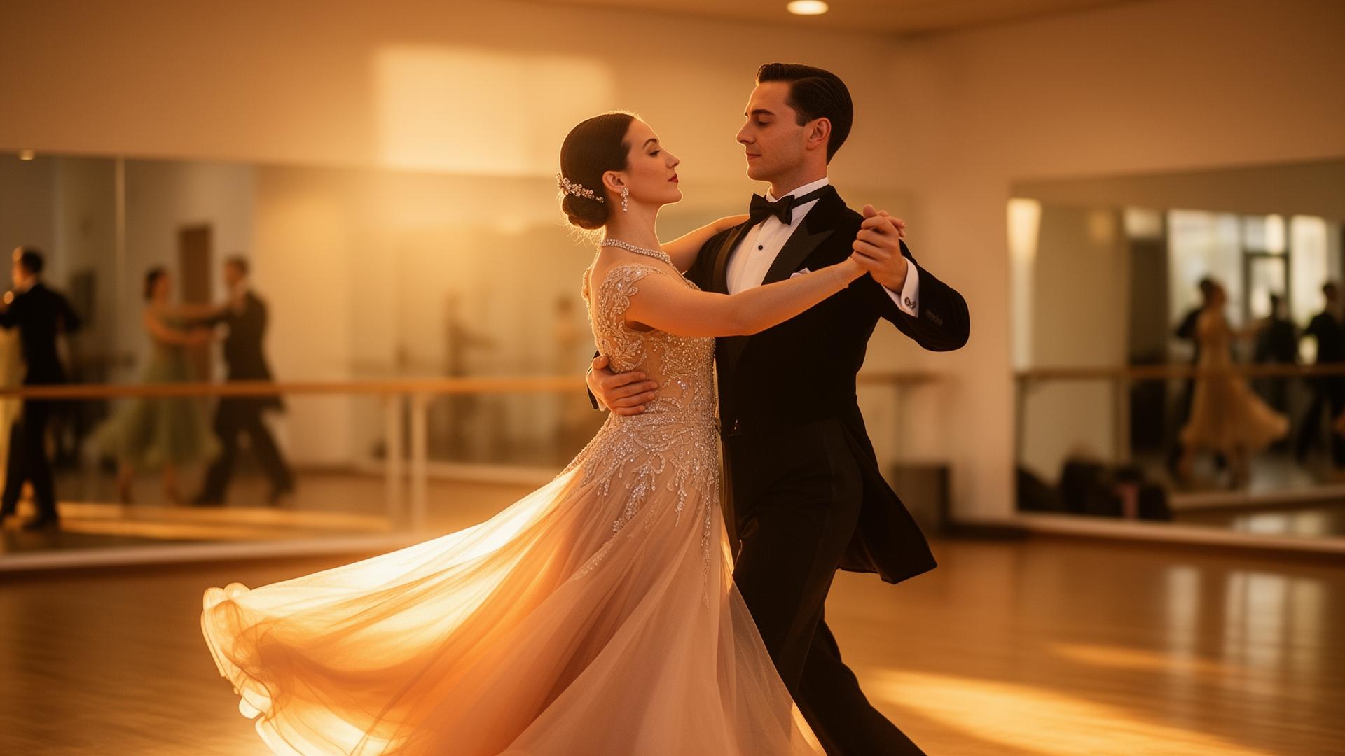 Elegant couple dancing waltz in a warm San Diego dance studio