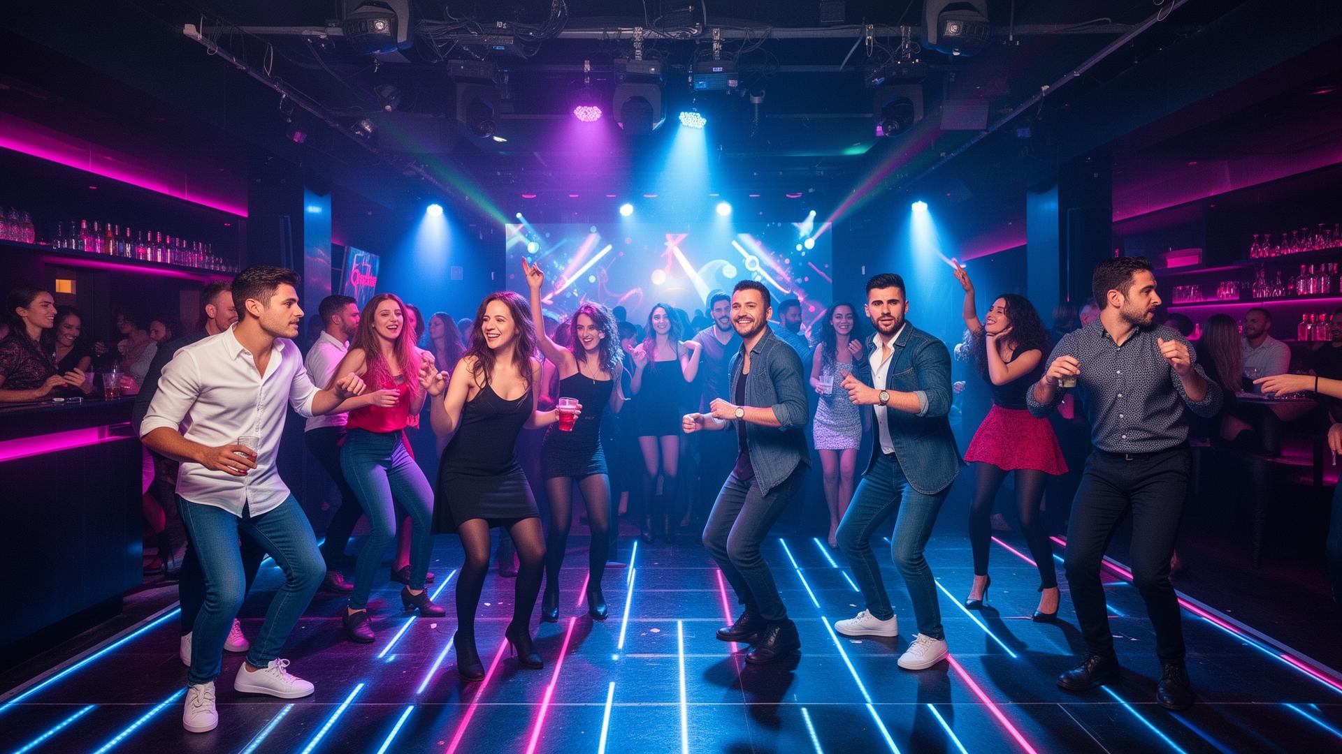 Modern nightclub dance floor with adults dancing