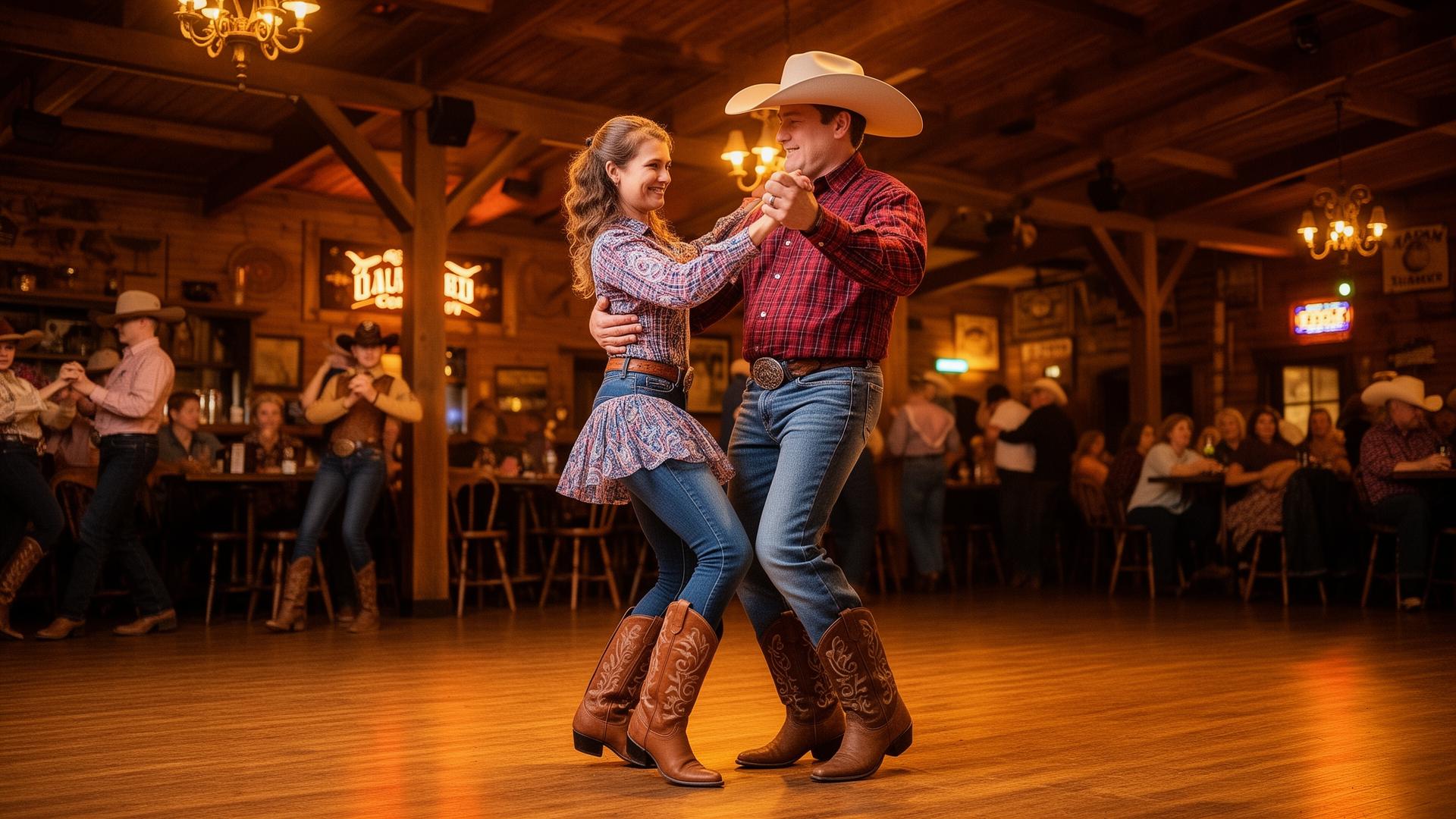 Country two-step dancing couple at western dance venue