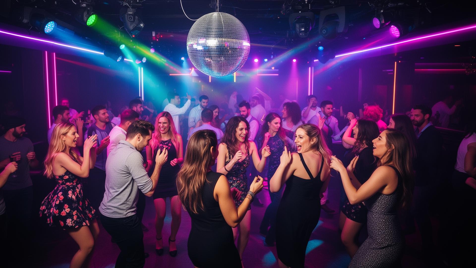 Energetic nightclub dance party scene with disco lights
