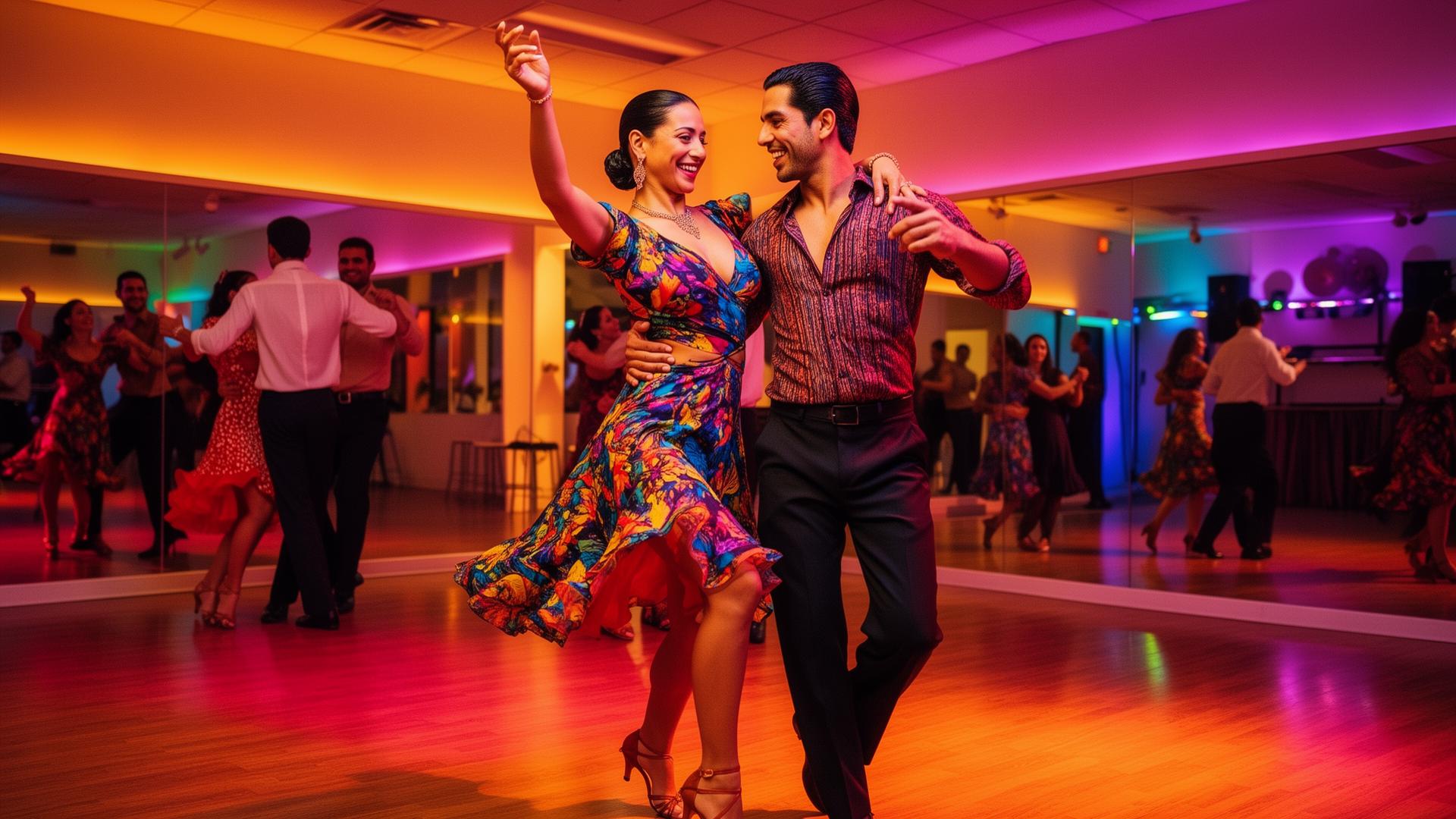 Vibrant Latin dance lesson with couple dancing salsa