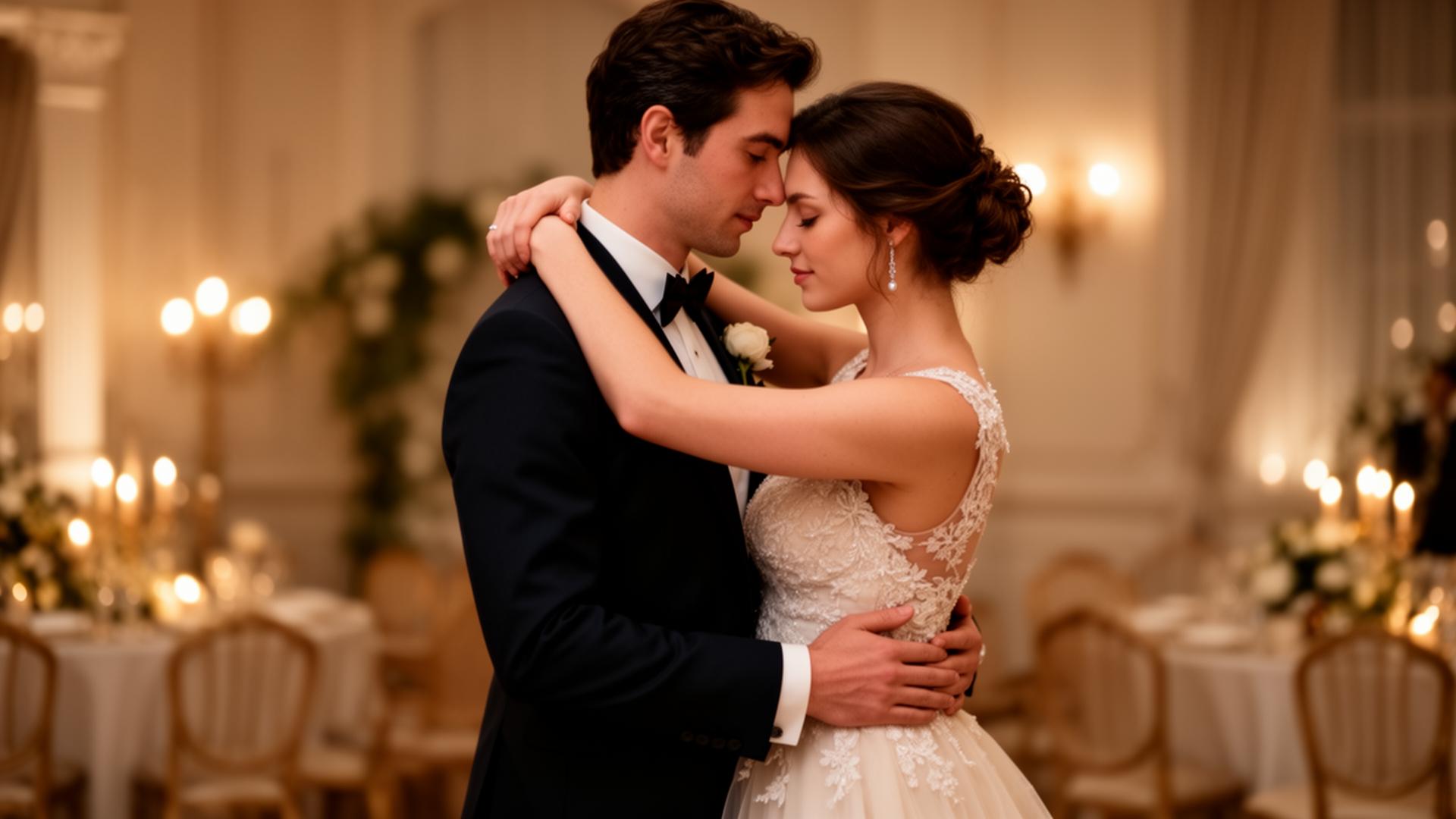 Romantic slow dancing couple in intimate setting