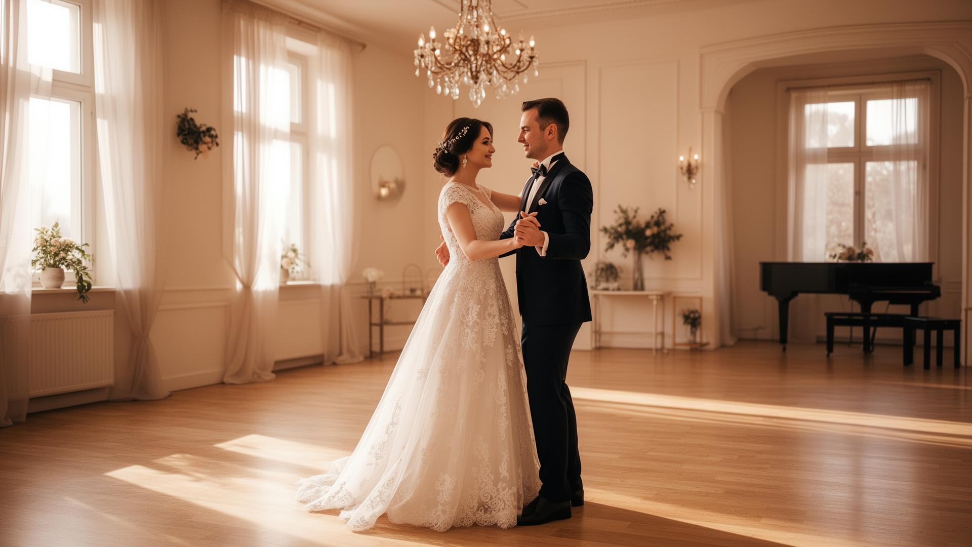 Engaged couple practicing wedding dance in studio