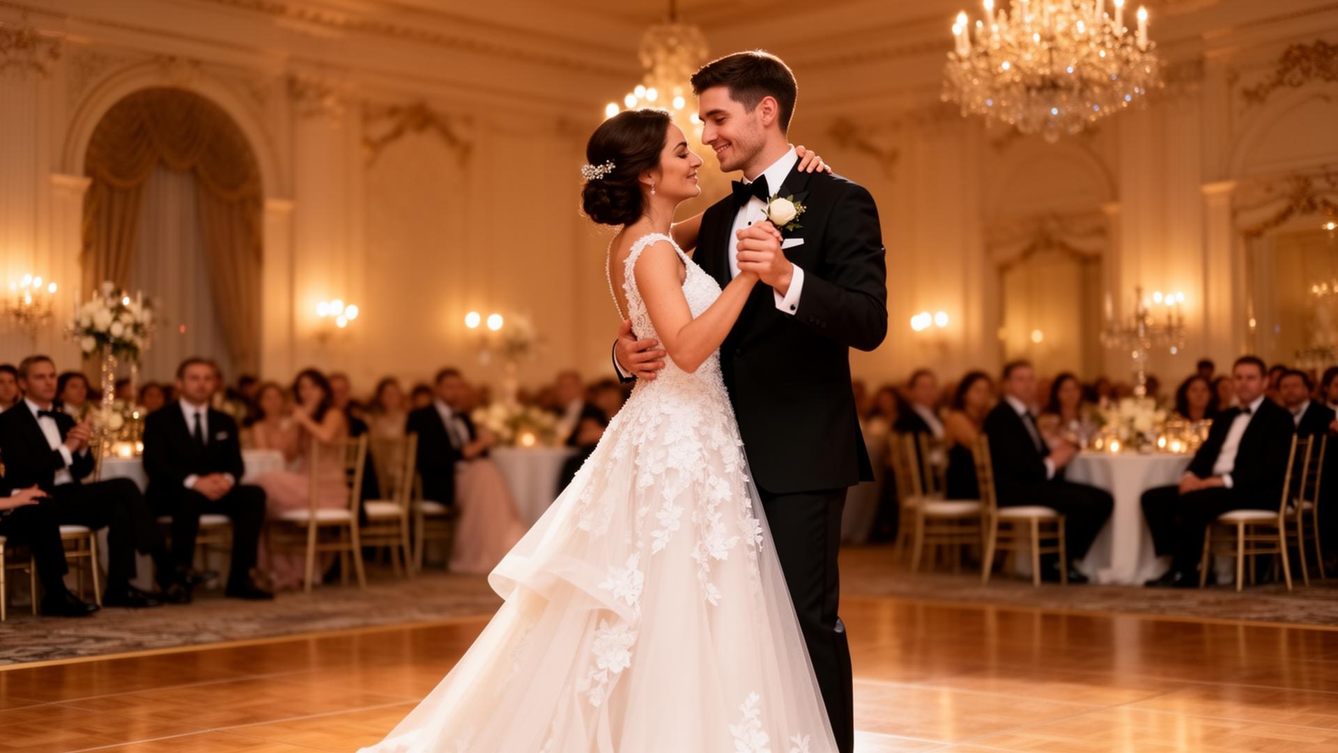 Bride and groom first dance at elegant wedding reception